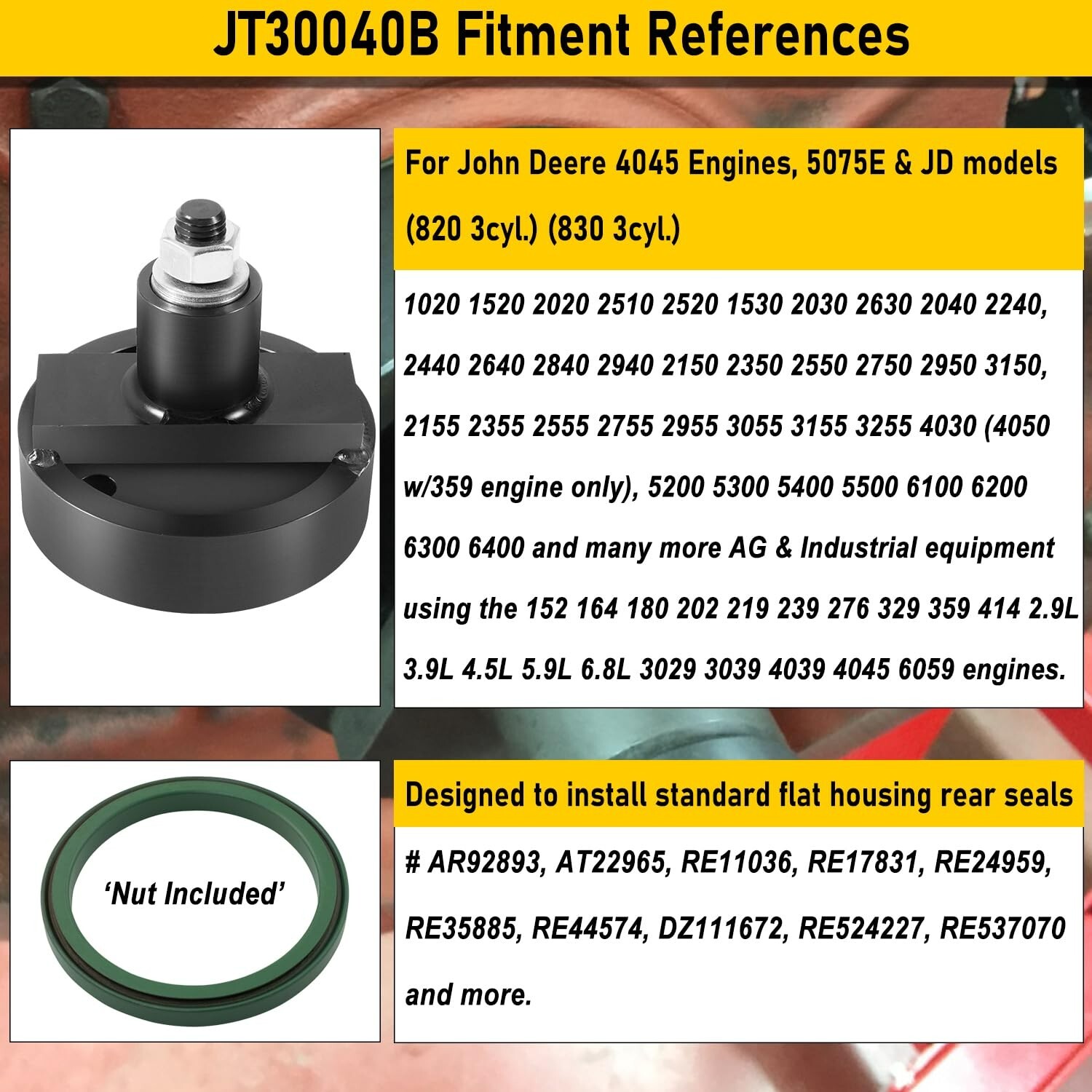 Rear Main Seal Installer Tool JT30040B fits J D 202 219 239 329 359 414