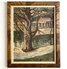 Antique Post Impressionist Plein Air Painting Custom Copper Frame Artist Signed