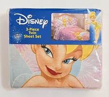 Disney Tinkerbell Twin Sheet Set Flat Fitted Pillowcase Peter Pan Fairy