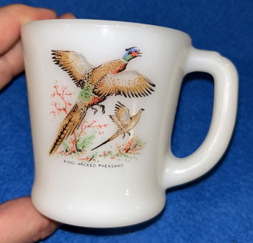 Fire King Ring-Necked Pheasant Coffee Mug Cup Milk Glass 26 Made in USA 1959-62