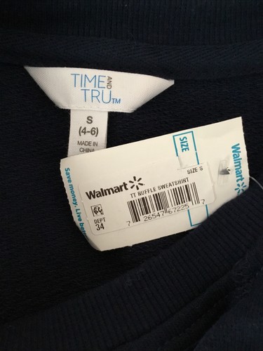 TIME AND TRU NAVY BLUE RELAX FIT CREW NECK RUFFLE SLEEVE SWEATSHIRT Sz S - Picture 5 of 7