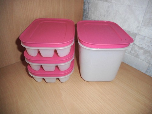 Tupperware 3x Eiswürfel-Maker Eisi + 1x Eis-Kristall Behälter 1,1 L pink Deckel