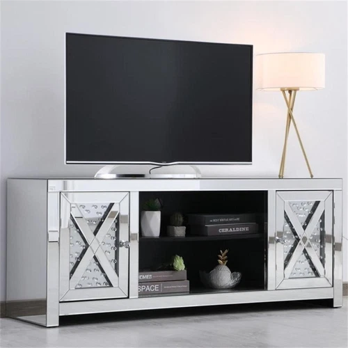 Elegant Decor Modern 2 Door 59" Clear Crystal Mirrored TV Stand - Picture 2 of 11