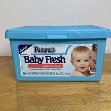 Vintage 1996 Pampers Baby Wipes Baby Fresh Aloe Empty Blue Plastic Container