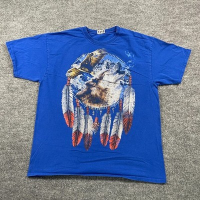 Vintage 90s Native-American Western Wolf Eagle Shirt XL 23x27 Blue