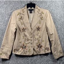 Silk Land Blazer Tan Beaded Floral Embroidered Silk Women Size 8