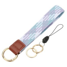 Keychain Wristlet, Cute Keychain Woven Wrist Lanyard, Pink/Blue/White