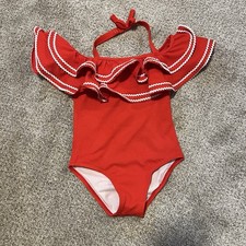 Janie Jack Girls' Bathing Suit Size 5 Red Recycled Ric Rac Ruffle Swimsuit