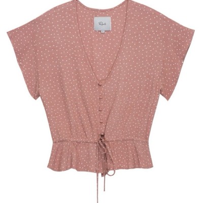 RAILS Womens Bretton Shirt Pink White Hearts Size S Flutter Short Sleeve V Neck