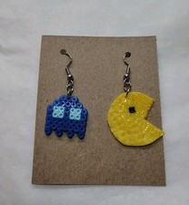 Pac-Man and Ghost Perler Bead Mismatched Earrings Pixel Art