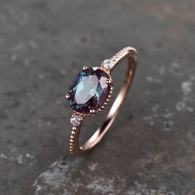 2Ct Oval Cut Lab Created Alexandrite Women's Engagement Ring 14K Rose Gold Over