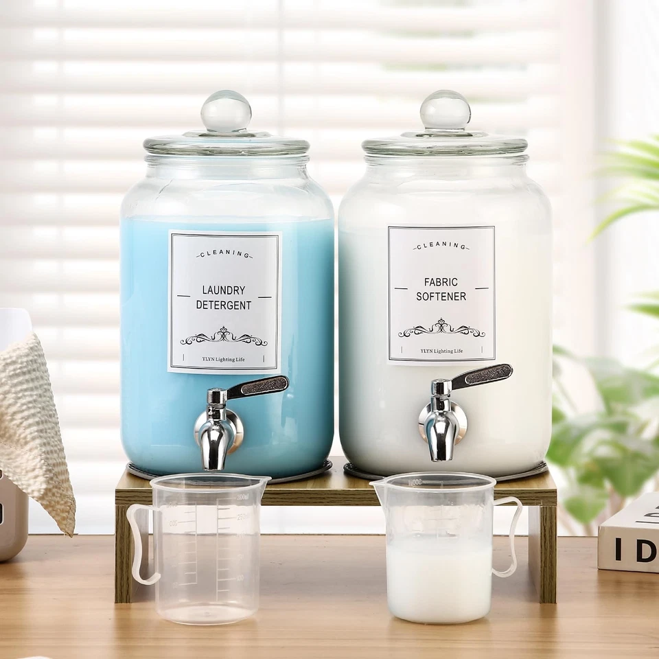 Paquete de 2 dispensadores de detergente para ropa de vidrio con soporte, vidrio a prueba de fugas de 106 oz F... Foto 4 de 4