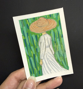 Small Original Drawing on Paper Woman White Dress Straw Hat, ACEO ATC OOAK
