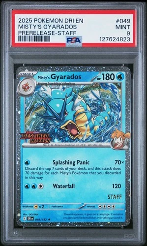 2025 POKEMON DRI EN-DESTINED RIVALS PRERELEASE-STAFF #049 MISTY'S GYARADOS PSA 9