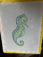 New Handpainted Needlepoint Canvas  Seahorse  18 mesh  Attached Wooden Frame