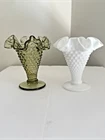 Fenton White & Green Hobnail Glass Ruffled Double Crimped Trumpet Vase Pair