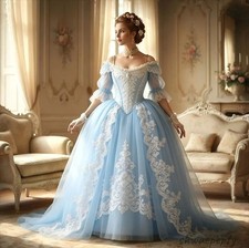 Medieval Victorian Prom Dress Sky Blue Tulle Princess Lace Applique Evening Gown