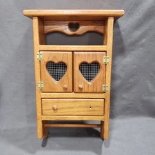 Vtg Oak Wall Shelf Cabinet 20" Heart Cutout Towel Bar Country Farmhouse Decor