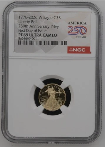 1776-2026 W Proof $5 American Gold Eagle 1/10 oz NGC PF69UC  First Day  Presale