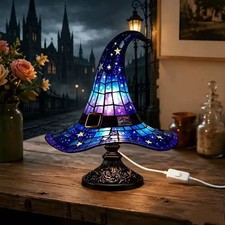Stained Glass Witch Hat Table Lamp Halloween Desktop Home Decor Night Light