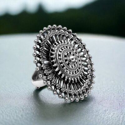 925 Solid Sterling Silver Antique Look Artisan Adjustable Ring