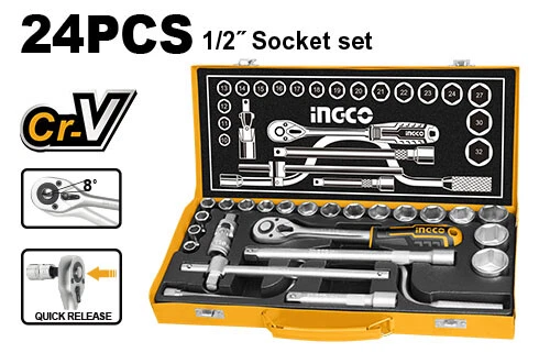 INGCO 24 Pcs Drive Socket Set 1/2 Inch Heat Treated Chromed Plated