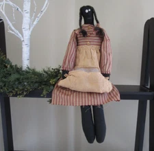 23” Vtg Folk Art Cloth Doll AA Black Girl Handmade Embroidered Face EXCELLENT