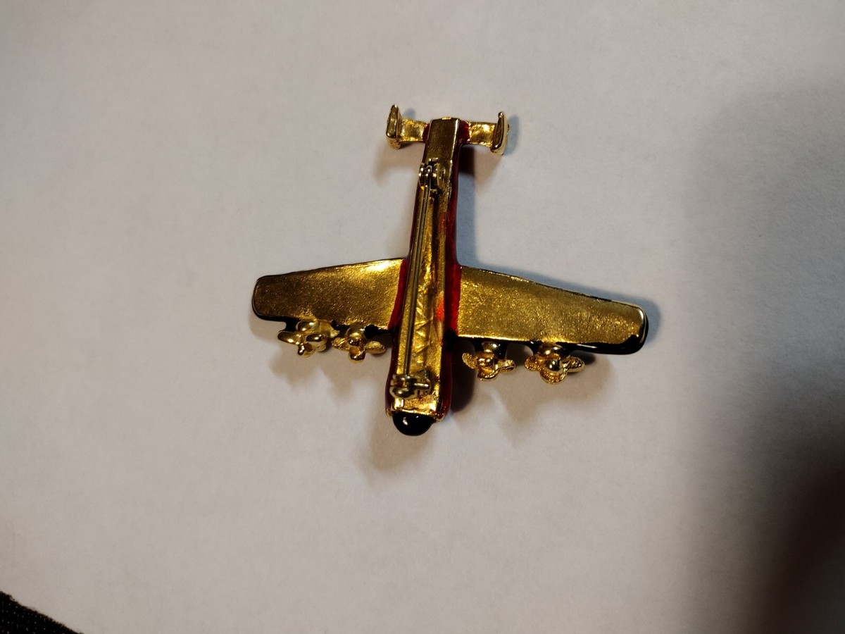 Vintage Enamel Gold Tone Airplane Pin Black Red Costume Jewelry