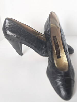 WALTER STEIGER Black Crocodile Heels Sz 6B Vintage Pumps 1980's Italy Shoes 