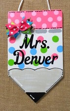 PERSONALIZED PENCIL SIGN Name School Teacher White Polka Dot Classroom Door Gift