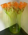Vintage Hand Blown Murano Orange Spattered Green Art Glass Vase Excellent Cond