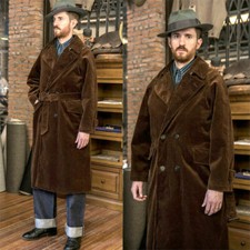 Men Brown Corduroy Trench Long Overcoat Double-breasted Hunting Suit Jacket Belt
