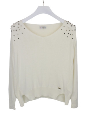 GUESS Jumper Women's SMALL Pullover Wool Blend Knit Beaded Off White