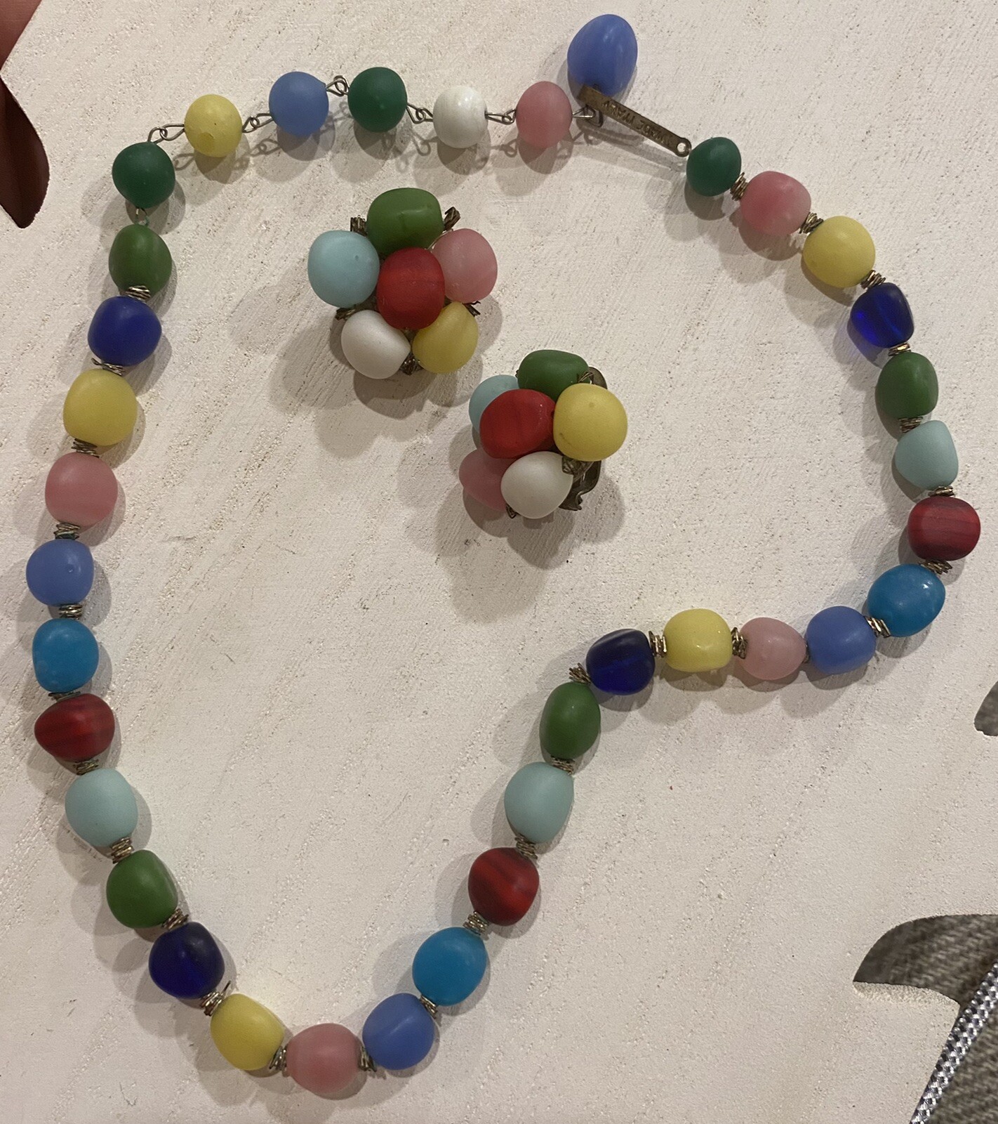 Vintage Frosted Glass Bead Necklace & Clip On Earring… Gem