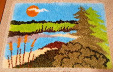 Vtg Latch Hook Rug Completed Mountain Pines Willows Scene Wall Art LARGE 37  x27  