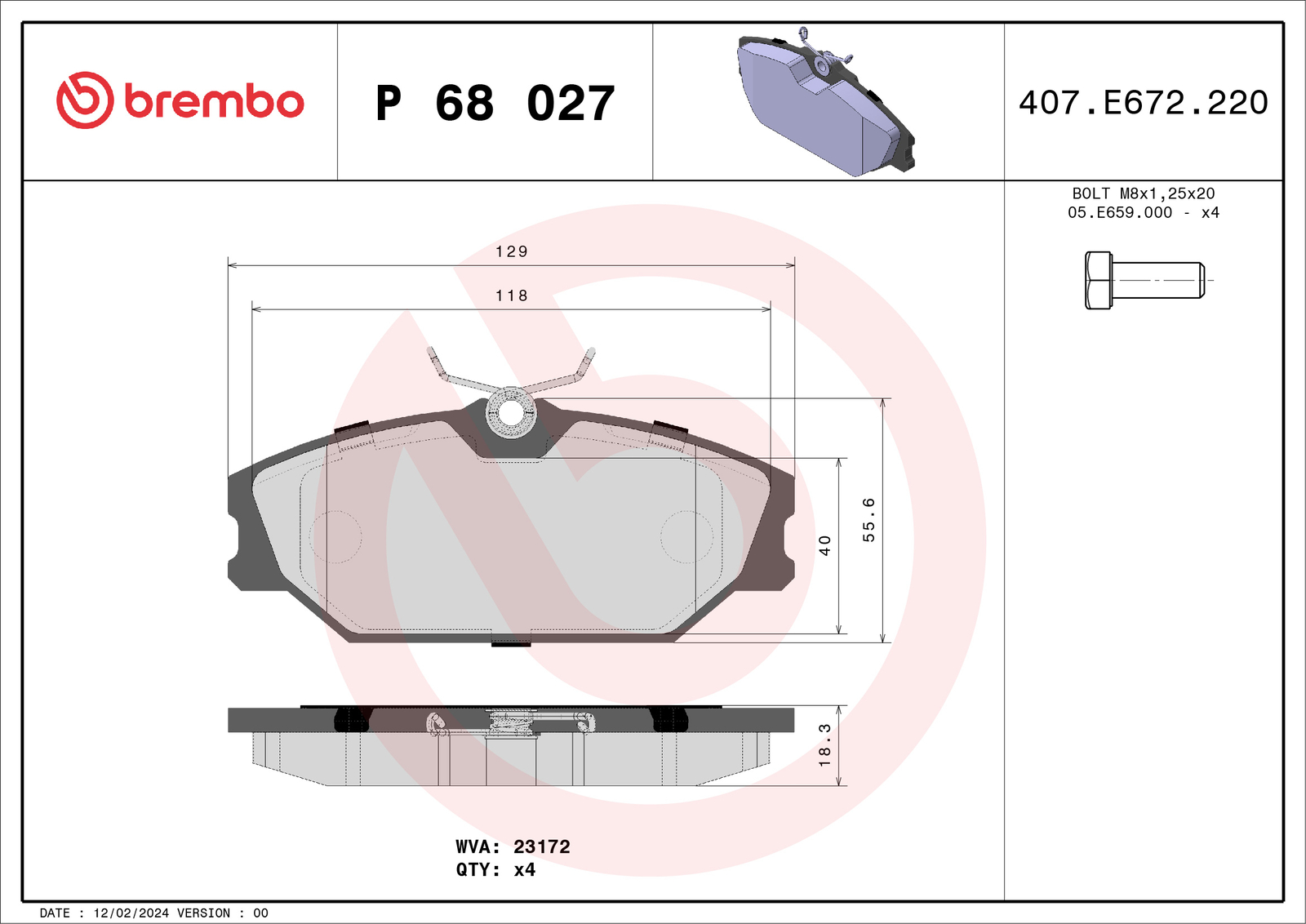 P 68 027 BREMBO Brake Pad Set, disc brake for RENAULT