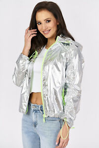 Damen Fruhling Sommer Kurz Jacke Wind Regen Parka Neon Metallic Look Silber M Ebay