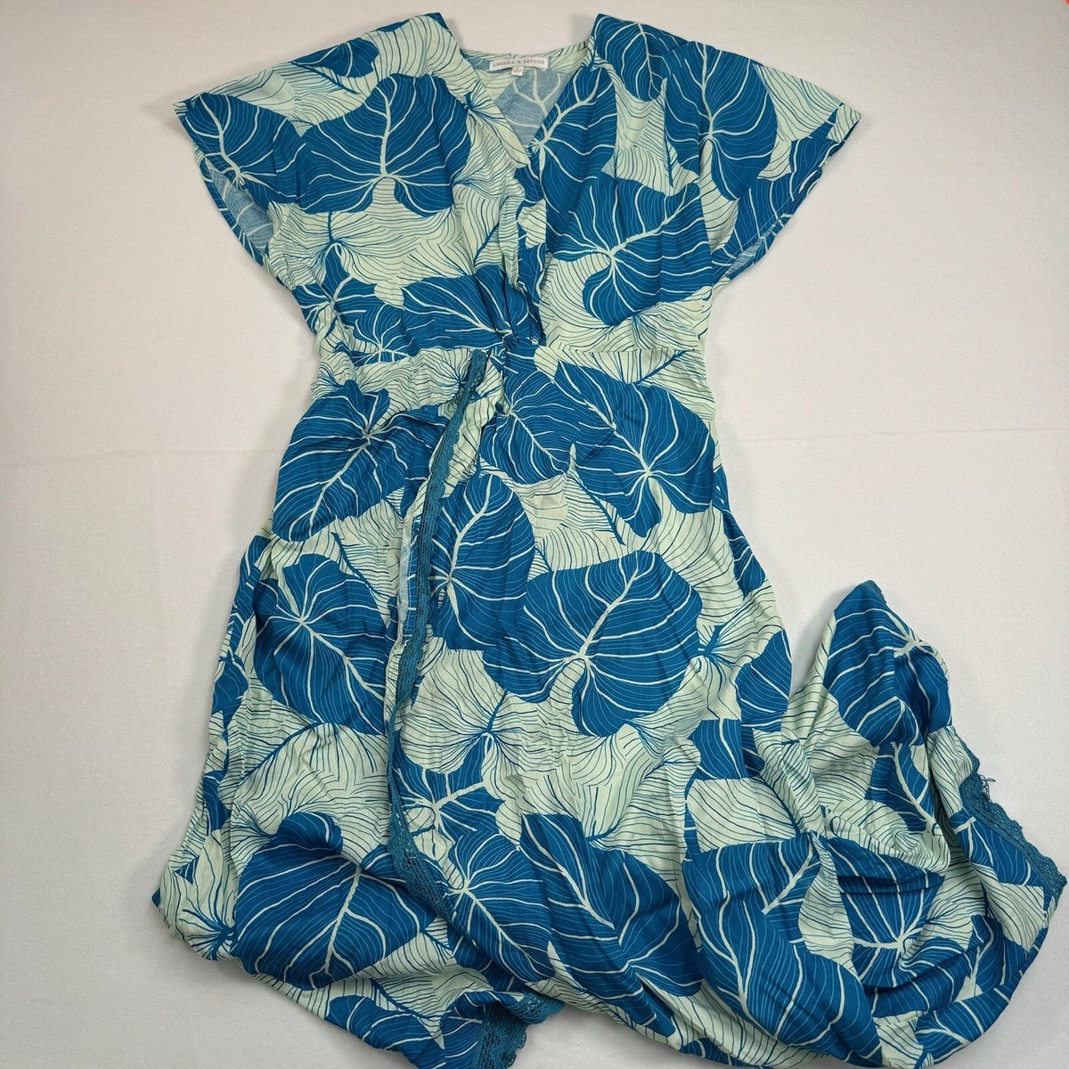 blue palm leaf dress American + Beyond Short Sleeve Maxi Womens Size Large Galaxy Blue Sheer Midaxi 060225 Maxi dress Hawaiian cultural events Family Material:Cotton Sateen