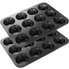 12 Cup Muffin Cake Pan Baking Tray (Pack of 2) Deep Tin Bun Sheet Non Stick