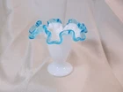 Vintage Fenton Art Glass Aqua Blue Crest Ruffled 4 1/4" Milk Glass Vase