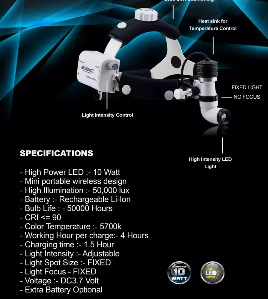 Farol cirúrgico odontológico sem fio farol médico otorrinolaringológico LED 10 watts EUA - Imagem 2 de 4