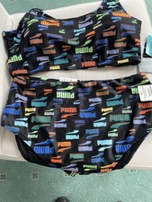 PUMA crop Top Bikini Large UK 14 + Black + Bright Cols. Chlorine Resis. Top Qual