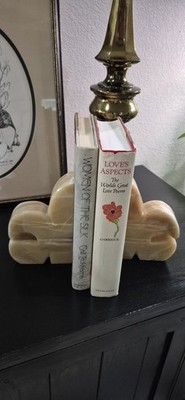 Vtg Pair Fleur De Lis Hand Carved Book Ends Felt Bottom Heavy Stone