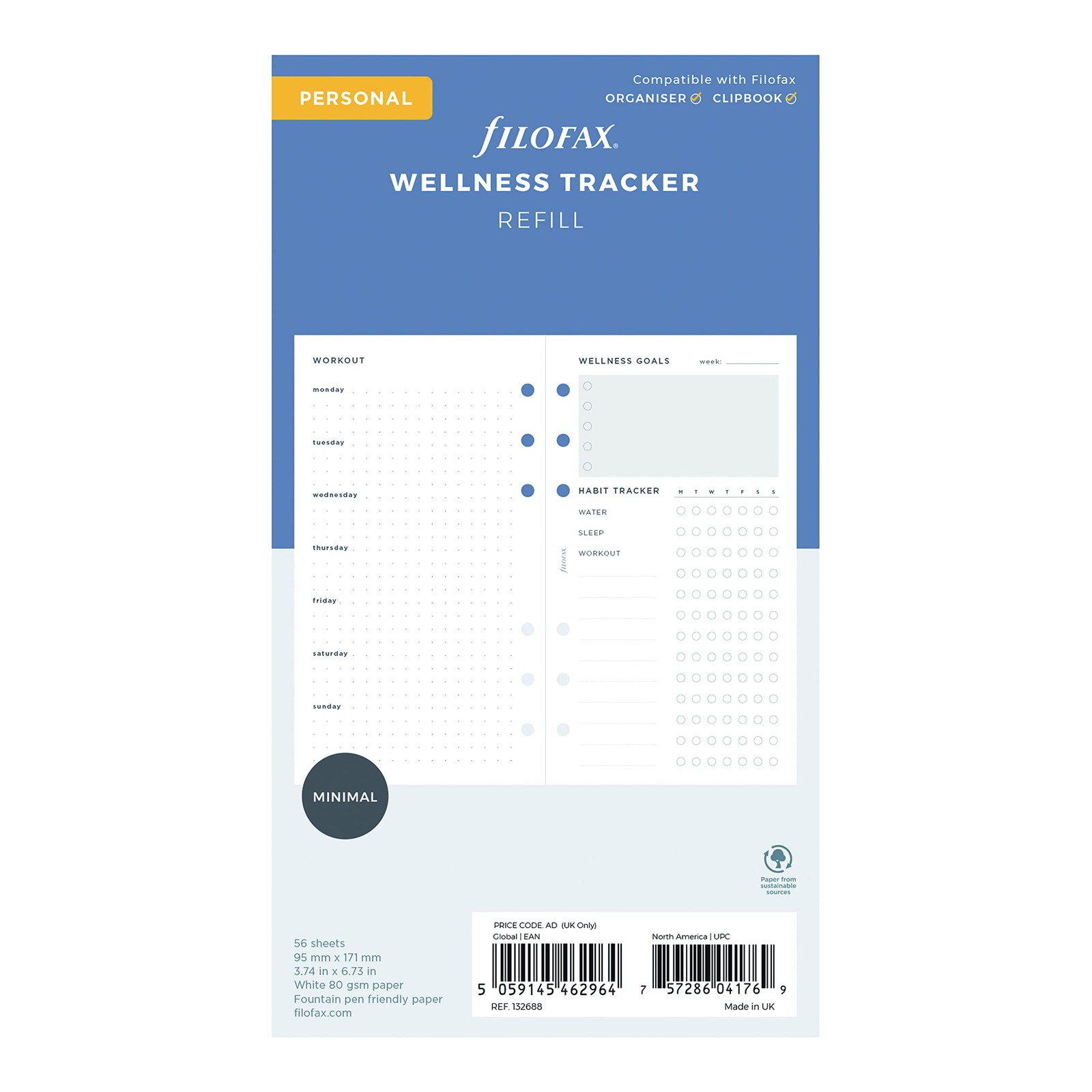 Filofax Organizer Refill, Personal Size, Wellness Trackers Pack, White Paper