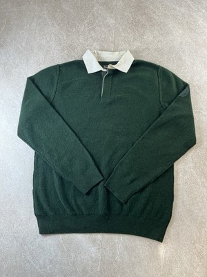 Barbour Knit Rugby Sweater Mens Large Forest Green Wool Blend Long Sleeve Jumper