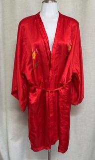 Vintage SHILOU Red Silk Kimono Robe Embroidered Dragon Floral Housecoat Sz L RC