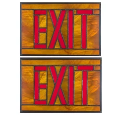 Pair of Stained Glass Exit Signs Leaded Panels Industrial Vintage Salvage 8"x12"