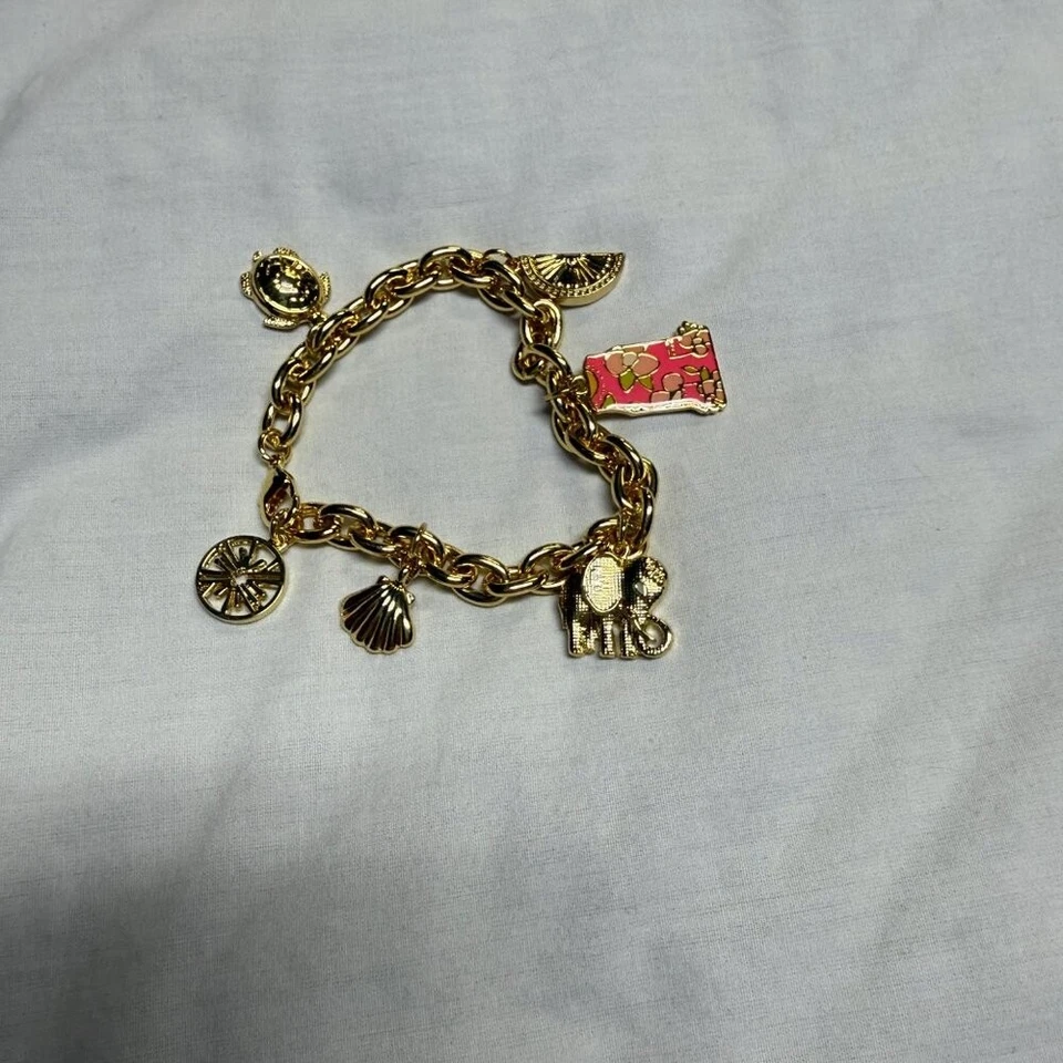 Lilly Pulitzer Gold Charm Bracelet w/ Dress Turtle Elephant Shell Orange EUC - Image 2 of 4