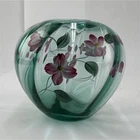Fenton, Signed Hand-Painted Art Glass Vase Green Swirl Pink Floral Glossy 6"