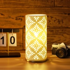 Small Modern Ceramics Bedside Table Lamp, 4.5 x 4.5 x 9.75 Inch White Geometr...